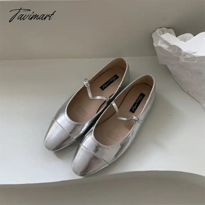 Silver Flats Ballet Shoes for Women Mary Janes Casual Shallow Slip on Pumps Sequare Toe Elegant Woman Heeled Shoes Loafers