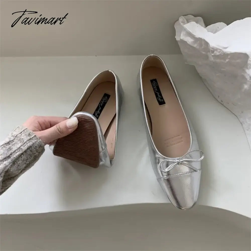 Silver Flats Ballet Shoes for Women Mary Janes Casual Shallow Slip on Pumps Sequare Toe Elegant Woman Heeled Shoes Loafers