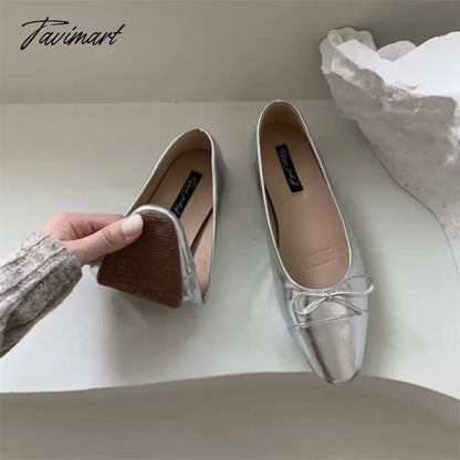 Silver Flats Ballet Shoes for Women Mary Janes Casual Shallow Slip on Pumps Sequare Toe Elegant Woman Heeled Shoes Loafers