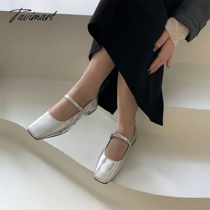 Silver Flats Ballet Shoes for Women Mary Janes Casual Shallow Slip on Pumps Sequare Toe Elegant Woman Heeled Shoes Loafers