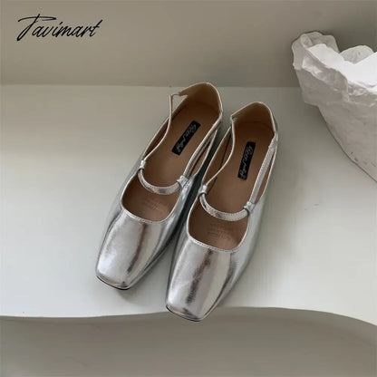 Silver Flats Ballet Shoes for Women Mary Janes Casual Shallow Slip on Pumps Sequare Toe Elegant Woman Heeled Shoes Loafers