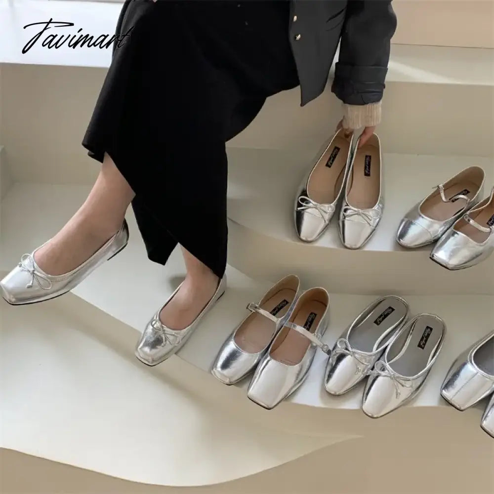 Silver Flats Ballet Shoes for Women Mary Janes Casual Shallow Slip on Pumps Sequare Toe Elegant Woman Heeled Shoes Loafers