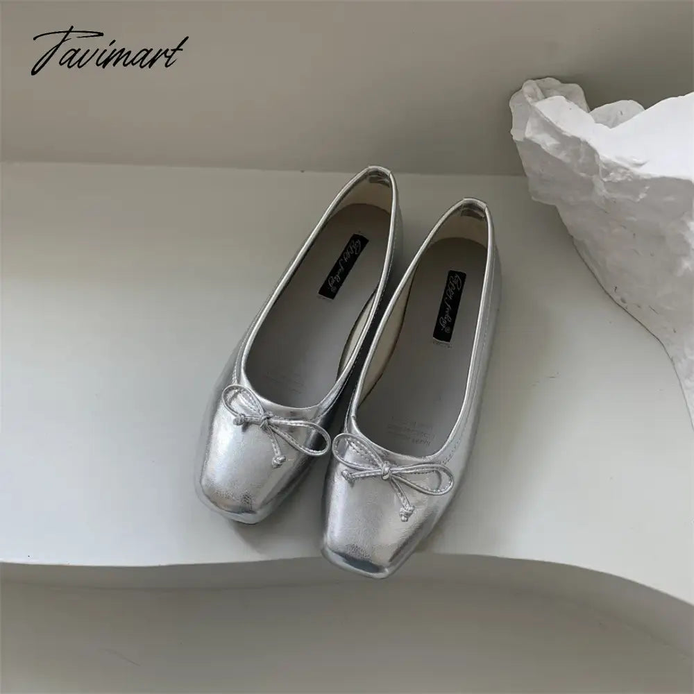 Silver Flats Ballet Shoes for Women Mary Janes Casual Shallow Slip on Pumps Sequare Toe Elegant Woman Heeled Shoes Loafers