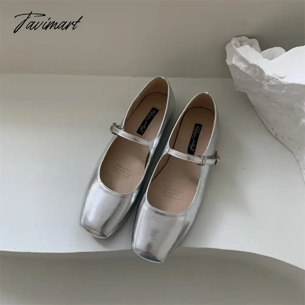 Silver Flats Ballet Shoes for Women Mary Janes Casual Shallow Slip on Pumps Sequare Toe Elegant Woman Heeled Shoes Loafers