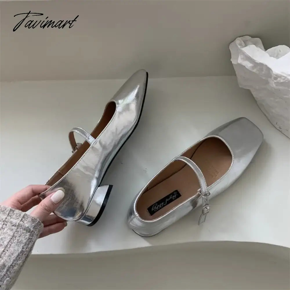 Silver Flats Ballet Shoes for Women Mary Janes Casual Shallow Slip on Pumps Sequare Toe Elegant Woman Heeled Shoes Loafers