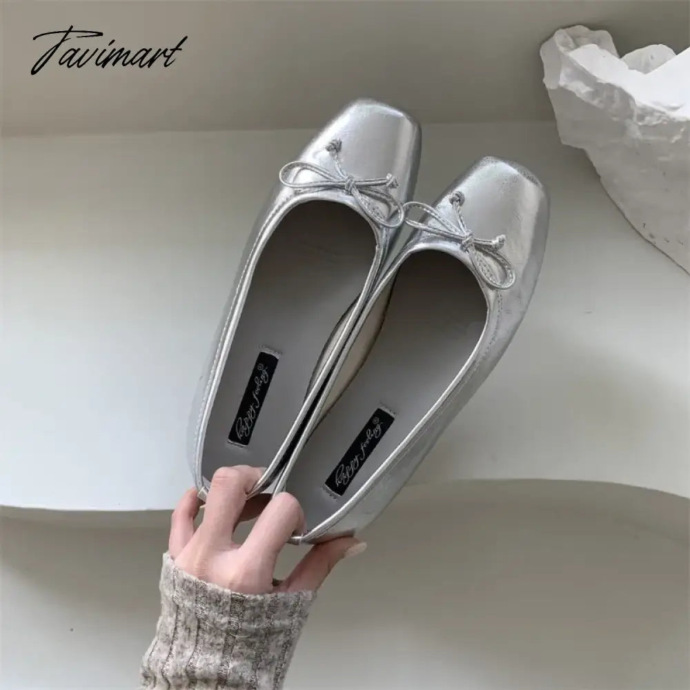 Silver Flats Ballet Shoes for Women Mary Janes Casual Shallow Slip on Pumps Sequare Toe Elegant Woman Heeled Shoes Loafers
