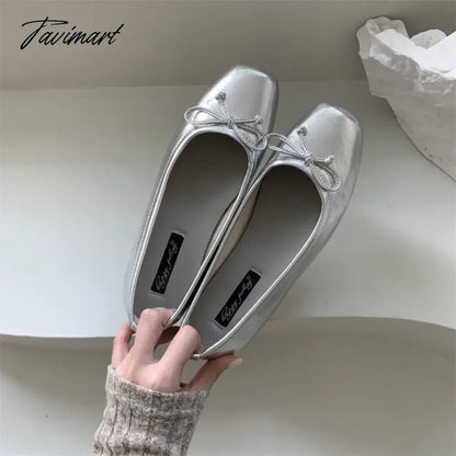 Silver Flats Ballet Shoes for Women Mary Janes Casual Shallow Slip on Pumps Sequare Toe Elegant Woman Heeled Shoes Loafers