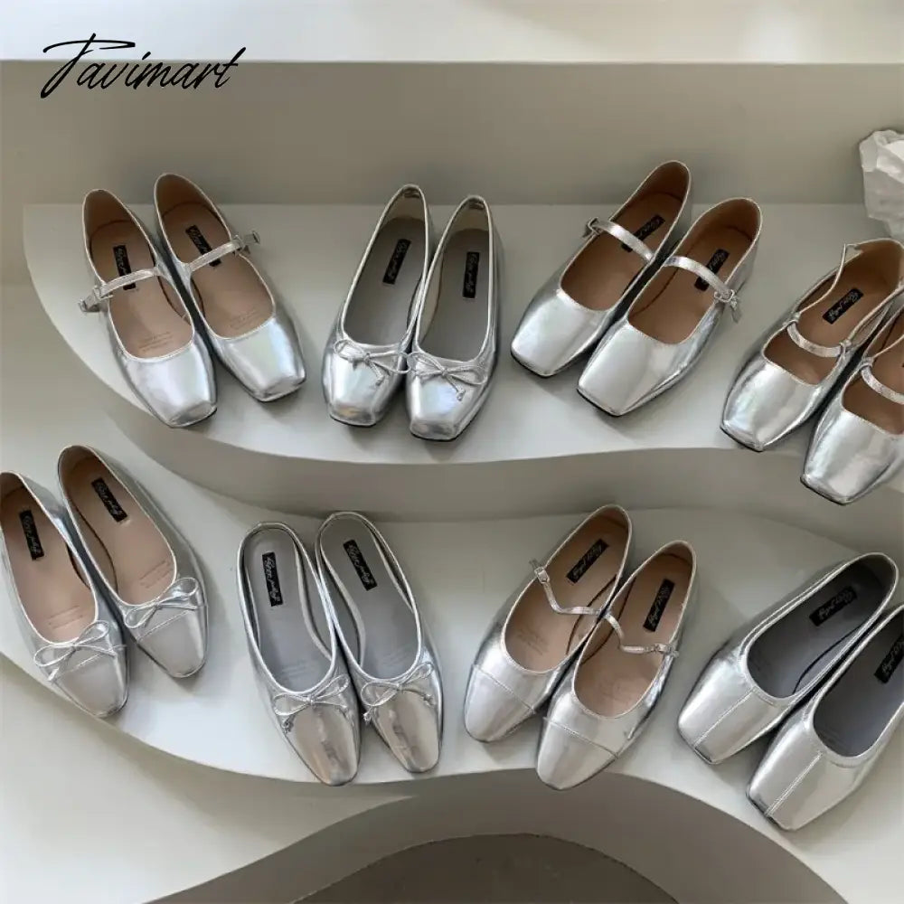 Silver Flats Ballet Shoes for Women Mary Janes Casual Shallow Slip on Pumps Sequare Toe Elegant Woman Heeled Shoes Loafers