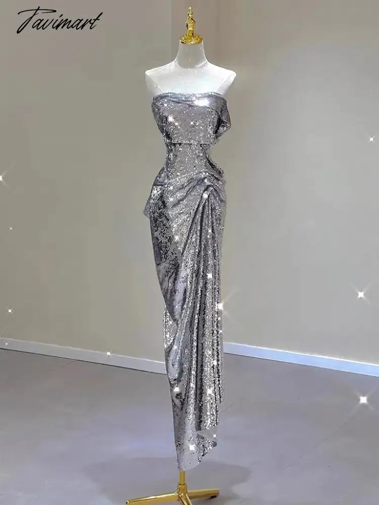 Silver Shiny Cocktail Dresses Strapless Ruched Sleeveless Mermaid Sequins Light Luxury Red Carpet Woman Evening Prom Party Gowns