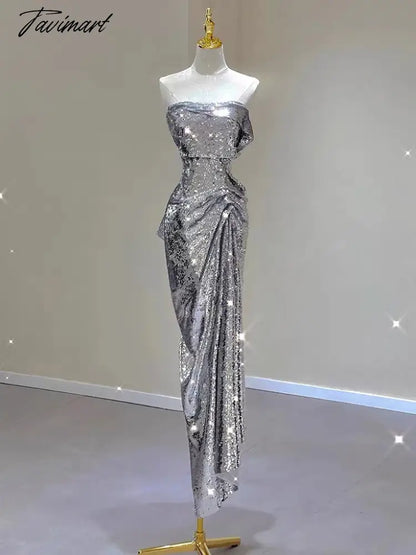 Silver Shiny Cocktail Dresses Strapless Ruched Sleeveless Mermaid Sequins Light Luxury Red Carpet Woman Evening Prom Party Gowns