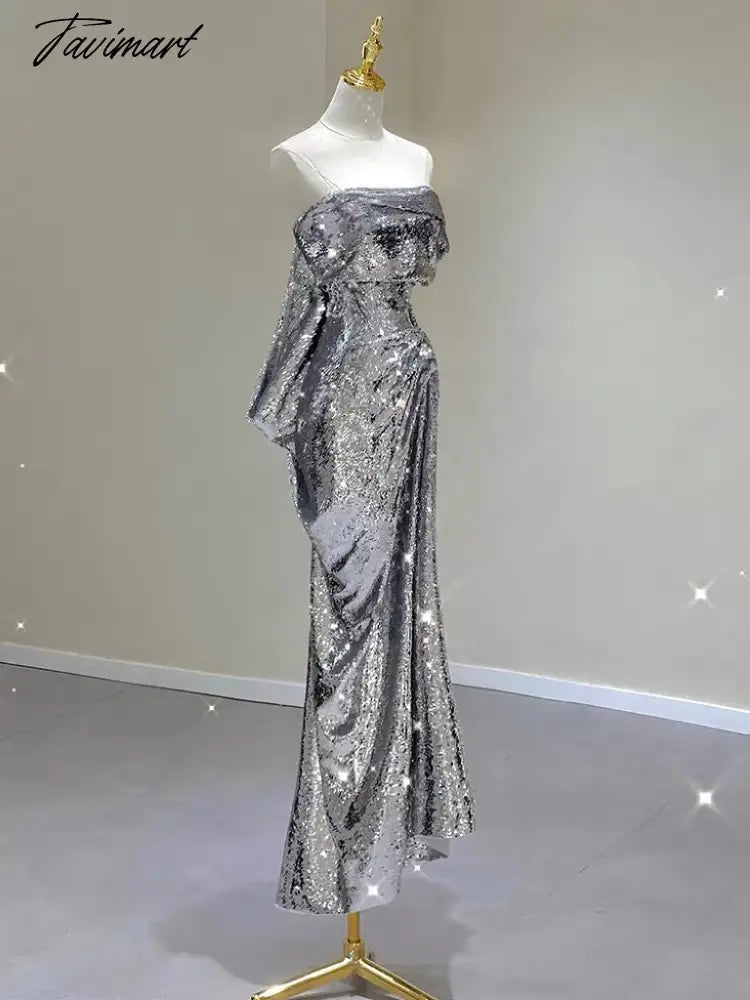 Silver Shiny Cocktail Dresses Strapless Ruched Sleeveless Mermaid Sequins Light Luxury Red Carpet Woman Evening Prom Party Gowns