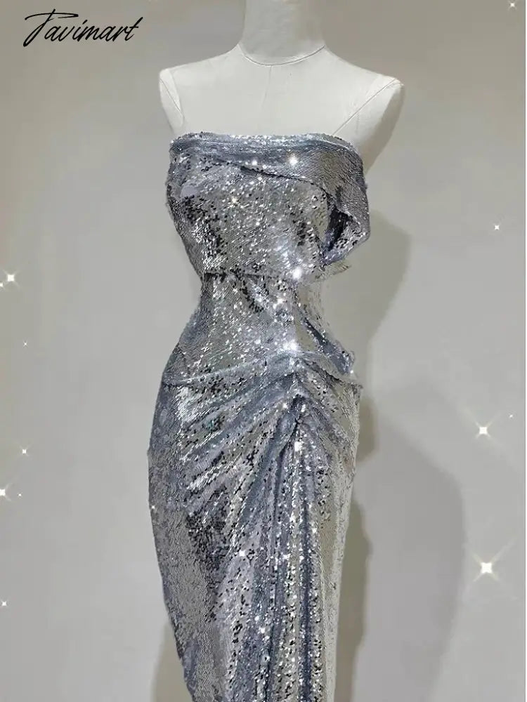Silver Shiny Cocktail Dresses Strapless Ruched Sleeveless Mermaid Sequins Light Luxury Red Carpet Woman Evening Prom Party Gowns