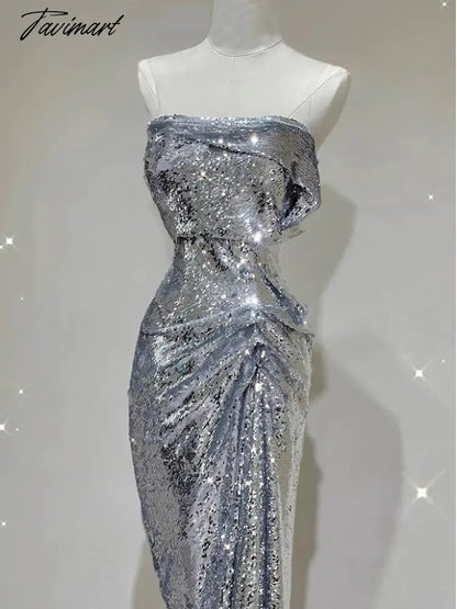 Silver Shiny Cocktail Dresses Strapless Ruched Sleeveless Mermaid Sequins Light Luxury Red Carpet Woman Evening Prom Party Gowns