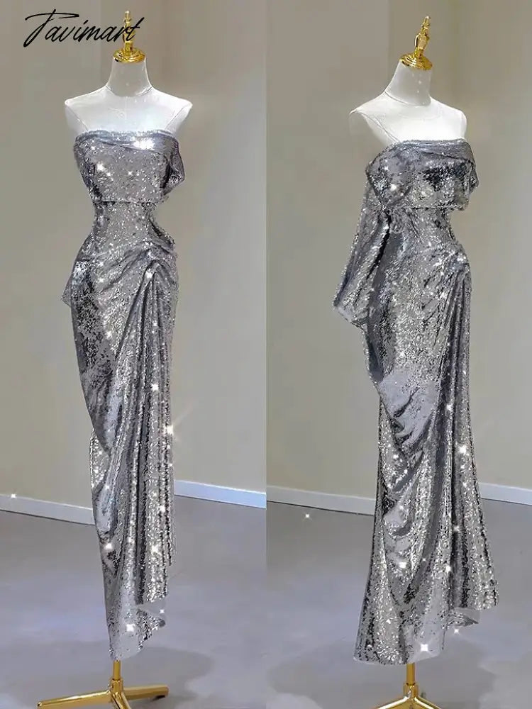 Silver Shiny Cocktail Dresses Strapless Ruched Sleeveless Mermaid Sequins Light Luxury Red Carpet Woman Evening Prom Party Gowns