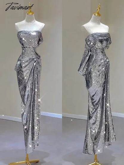 Silver Shiny Cocktail Dresses Strapless Ruched Sleeveless Mermaid Sequins Light Luxury Red Carpet Woman Evening Prom Party Gowns