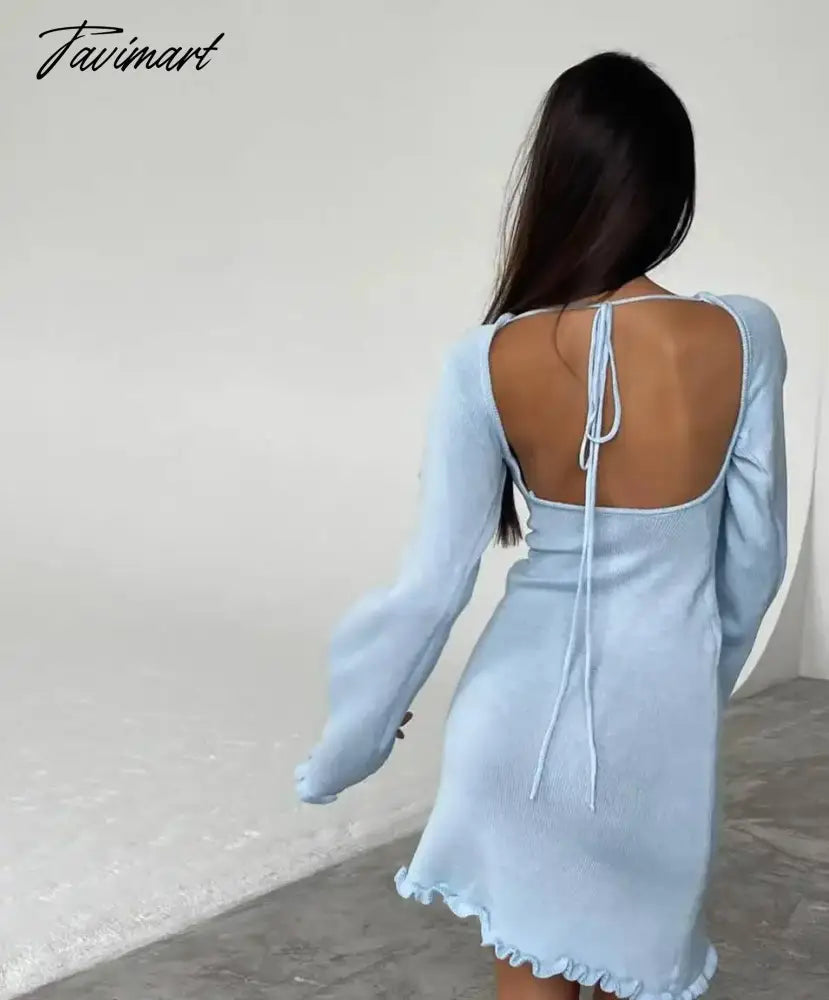 Soild-mini knitted sweater dress for women, long sleeve, sexy, backless, beach, bodycon, fashion, Y2K