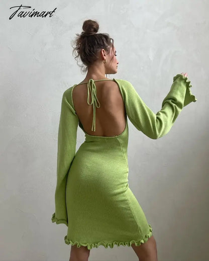 Soild-mini knitted sweater dress for women, long sleeve, sexy, backless, beach, bodycon, fashion, Y2K