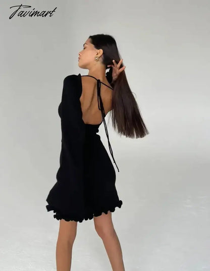 Soild-mini knitted sweater dress for women, long sleeve, sexy, backless, beach, bodycon, fashion, Y2K
