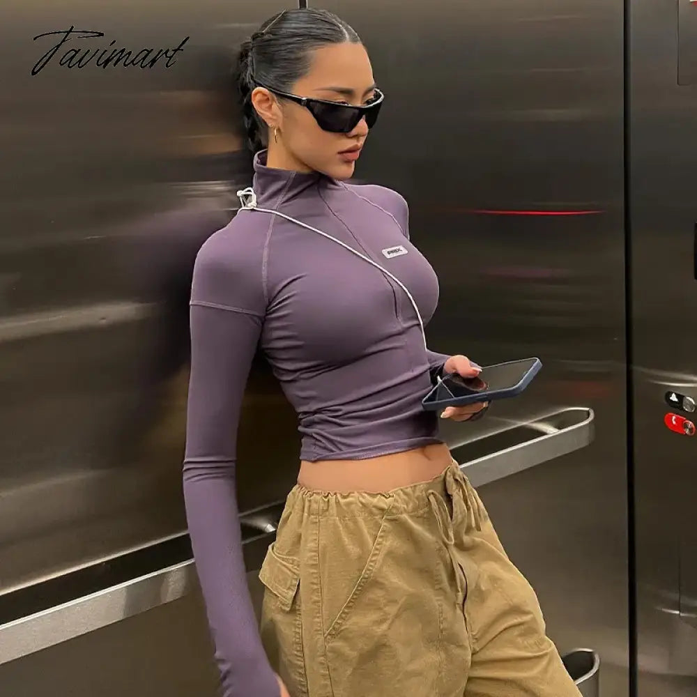 Solid Color Y2k Casual T Shirt Women Tops Sexy Grey Simple Style Party Club Spring Summer Long Sleeves Turtleneck Crop pur2