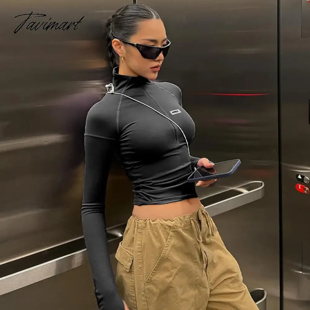 Solid Color Y2k Casual T Shirt Women Tops Sexy Grey Simple Style Party Club Spring Summer Long Sleeves Turtleneck Crop pur2