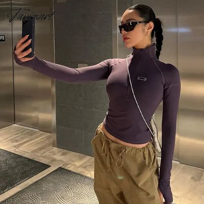 Solid Color Y2k Casual T Shirt Women Tops Sexy Grey Simple Style Party Club Spring Summer Long Sleeves Turtleneck Crop pur2