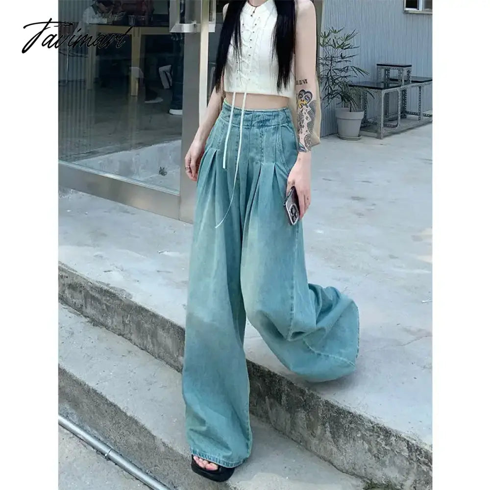 Solid Distressed Washed Mop Jeans American Retro High-waisted Wide-leg Loose Straight-leg Pants Y2k Hot Girl Casual Trousers