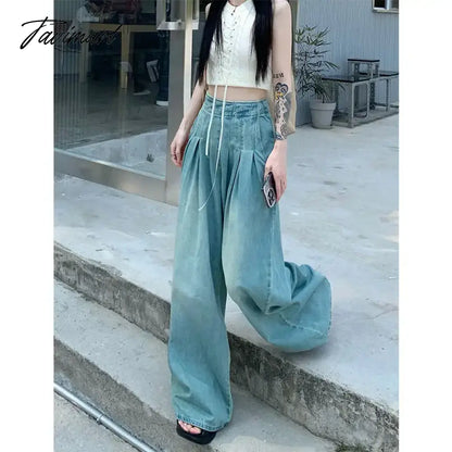 Solid Distressed Washed Mop Jeans American Retro High-waisted Wide-leg Loose Straight-leg Pants Y2k Hot Girl Casual Trousers