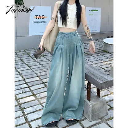 Solid Distressed Washed Mop Jeans American Retro High-waisted Wide-leg Loose Straight-leg Pants Y2k Hot Girl Casual Trousers