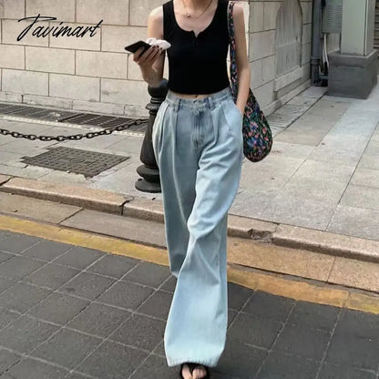 Solid Distressed Washed Mop Jeans American Retro High-waisted Wide-leg Loose Straight-leg Pants Y2k Hot Girl Casual Trousers