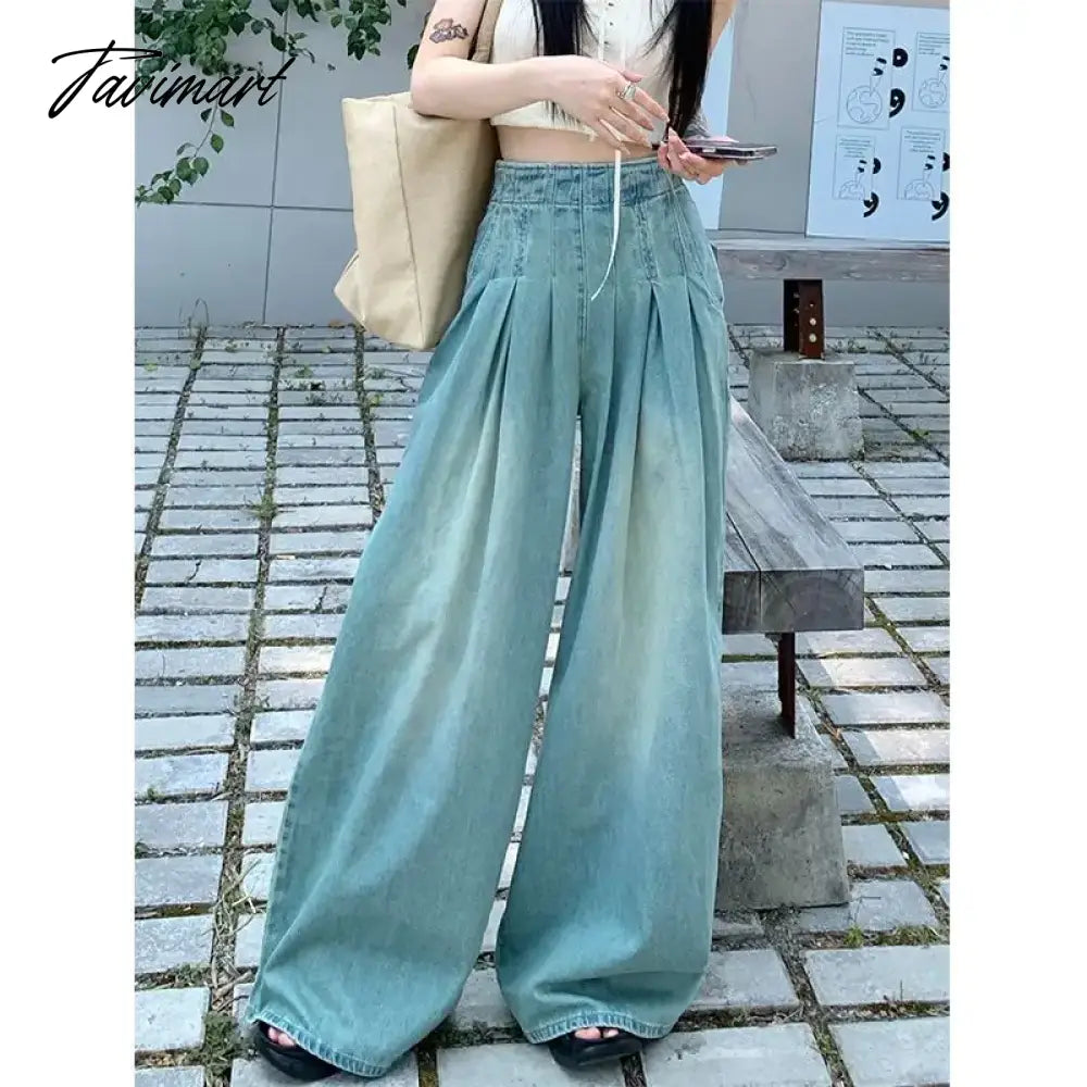 Solid Distressed Washed Mop Jeans American Retro High-waisted Wide-leg Loose Straight-leg Pants Y2k Hot Girl Casual Trousers