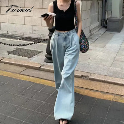 Solid Distressed Washed Mop Jeans American Retro High-waisted Wide-leg Loose Straight-leg Pants Y2k Hot Girl Casual Trousers