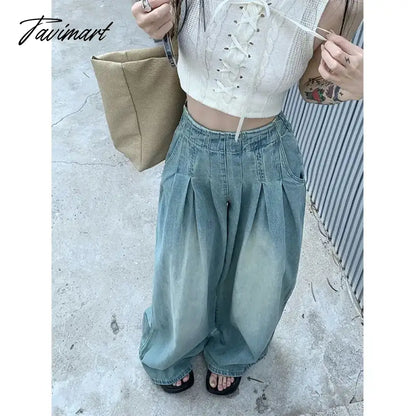 Solid Distressed Washed Mop Jeans American Retro High-waisted Wide-leg Loose Straight-leg Pants Y2k Hot Girl Casual Trousers
