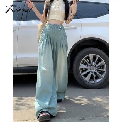 Solid Distressed Washed Mop Jeans American Retro High-waisted Wide-leg Loose Straight-leg Pants Y2k Hot Girl Casual Trousers