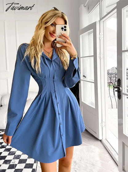 Solid Long Sleeve Mini Shirts Dress For Women Casual V-neck High Waist Single Breasted Ruched Dress Office Lady Autumn Clothing