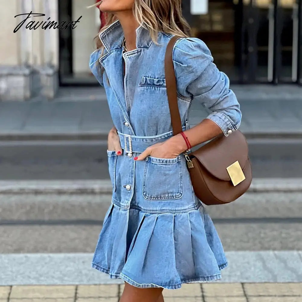 Solid Summer Denim Dress Women Fashion Spring Long Sleeve Button Lace-up Party Dress Elegant Stand Collar Ruffle Dresses