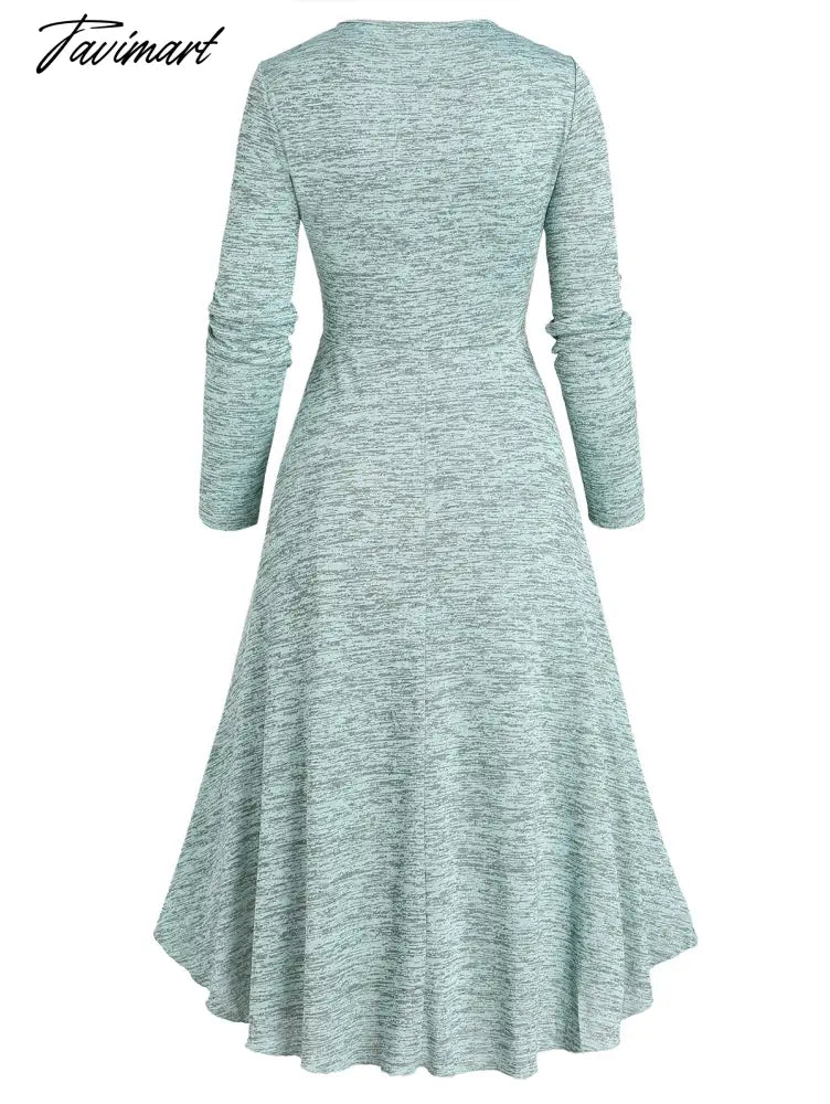 Space Dye Mock Button Cinched Flounce Long Sleeve High Low Midi Dress Dip Hem Casual Autumn Robe For Women Vestido Feminino