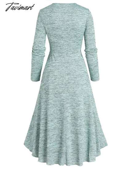 Space Dye Mock Button Cinched Flounce Long Sleeve High Low Midi Dress Dip Hem Casual Autumn Robe For Women Vestido Feminino