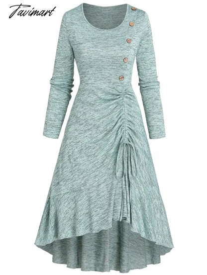 Space Dye Mock Button Cinched Flounce Long Sleeve High Low Midi Dress Dip Hem Casual Autumn Robe For Women Vestido Feminino
