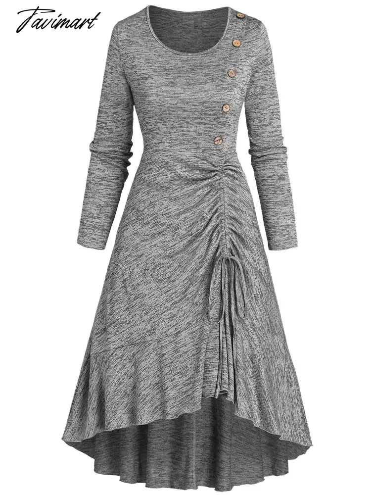 Space Dye Mock Button Cinched Flounce Long Sleeve High Low Midi Dress Dip Hem Casual Autumn Robe For Women Vestido Feminino