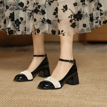 Spring and Autumn New Vintage Single Shoes Women's Slotted Buckle Round Toe Thick Heels High Heels Soft Mesh Mary Jean Summer