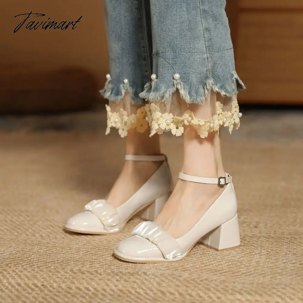 Spring and Autumn New Vintage Single Shoes Women's Slotted Buckle Round Toe Thick Heels High Heels Soft Mesh Mary Jean Summer
