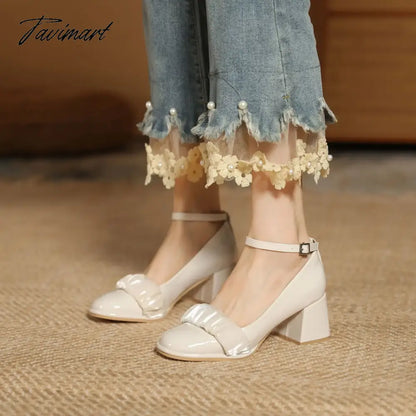 Spring and Autumn New Vintage Single Shoes Women's Slotted Buckle Round Toe Thick Heels High Heels Soft Mesh Mary Jean Summer