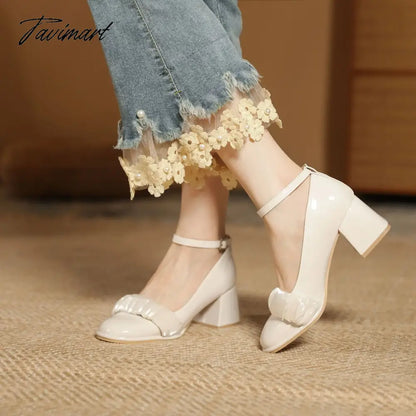 Spring and Autumn New Vintage Single Shoes Women's Slotted Buckle Round Toe Thick Heels High Heels Soft Mesh Mary Jean Summer