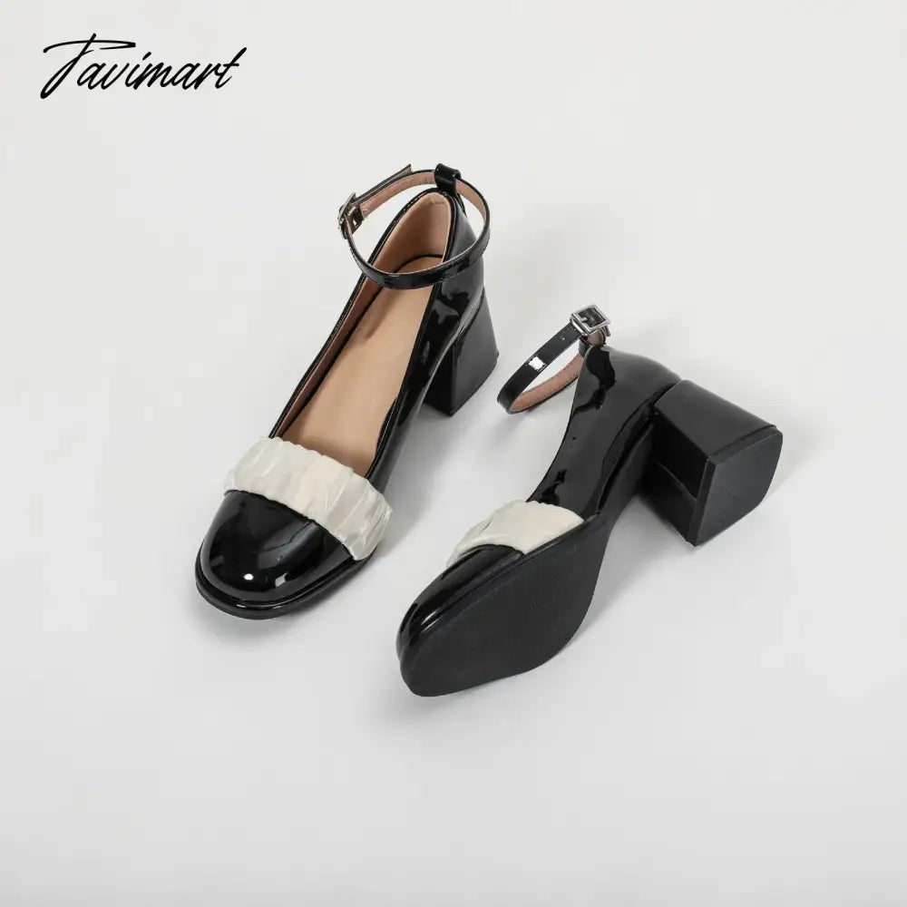 Spring and Autumn New Vintage Single Shoes Women's Slotted Buckle Round Toe Thick Heels High Heels Soft Mesh Mary Jean Summer