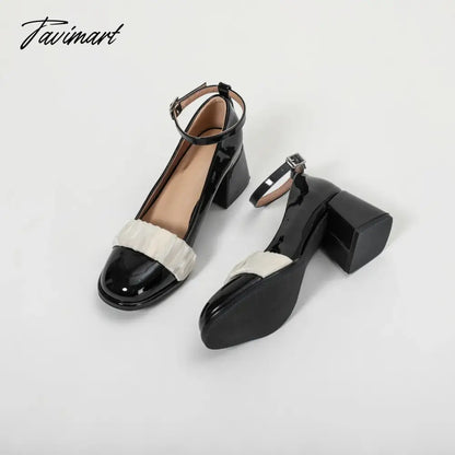 Spring and Autumn New Vintage Single Shoes Women's Slotted Buckle Round Toe Thick Heels High Heels Soft Mesh Mary Jean Summer