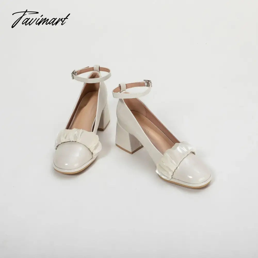 Spring and Autumn New Vintage Single Shoes Women's Slotted Buckle Round Toe Thick Heels High Heels Soft Mesh Mary Jean Summer