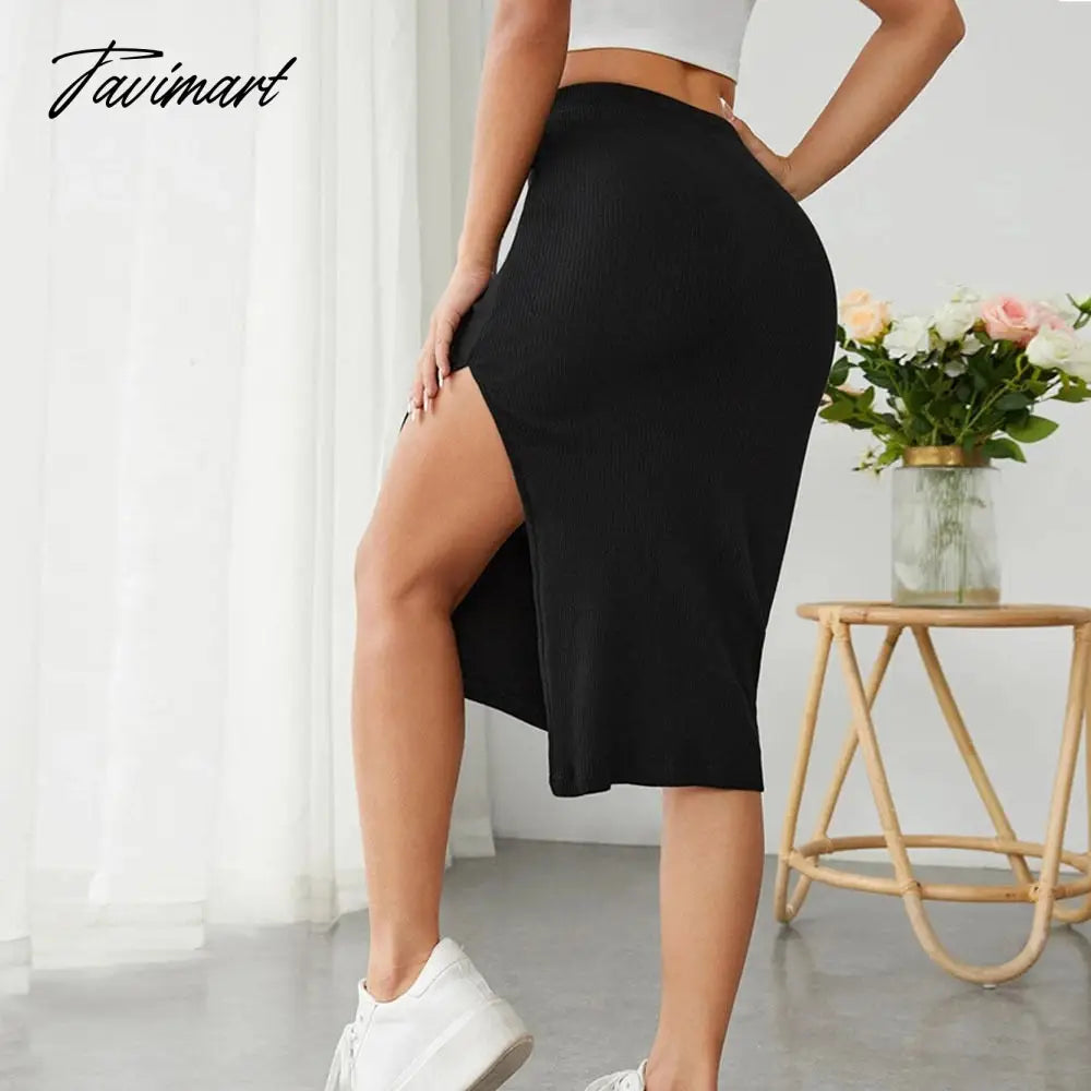 Spring And Summer Sexy Fashion Women'S High Slit Bodycon Midi Slim Fit Skirt Elegant Black Split Ribbed Knit Pencil Skirts