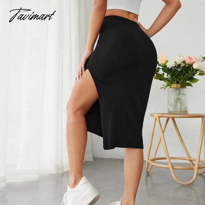 Spring And Summer Sexy Fashion Women'S High Slit Bodycon Midi Slim Fit Skirt Elegant Black Split Ribbed Knit Pencil Skirts