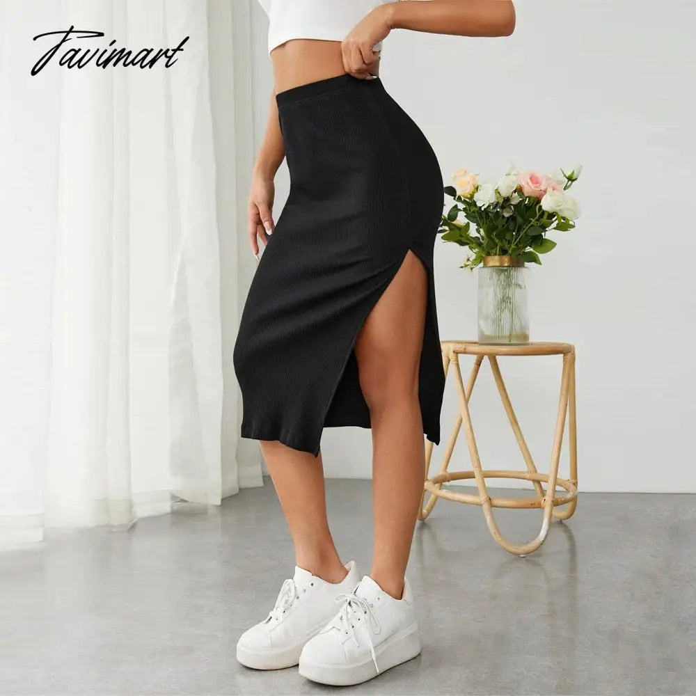 Spring And Summer Sexy Fashion Women'S High Slit Bodycon Midi Slim Fit Skirt Elegant Black Split Ribbed Knit Pencil Skirts