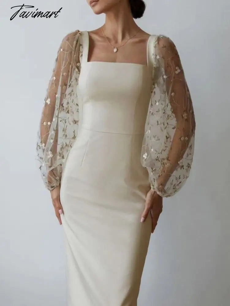 Spring Autumn New Fashion Embroidery Tulle Slim Fit Mid Dress Lantern Sleeve Square Collar Elegant Party Evening Ladies Dress